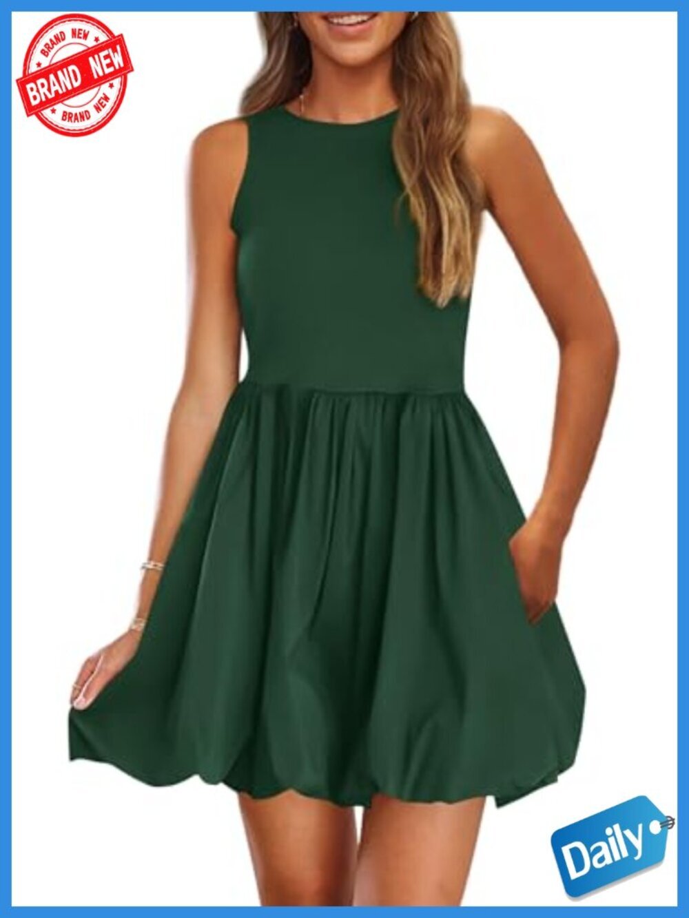 Mini Cocktail Dress Sleeveless Crew Neck Bubble Sundress with Pockets
